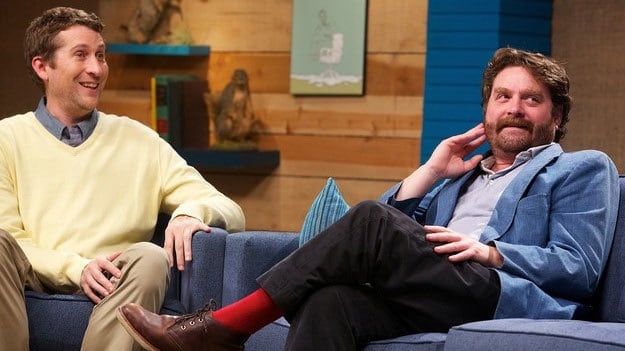 Zach Galifianakis Wears a Blue Jacket Red Socks